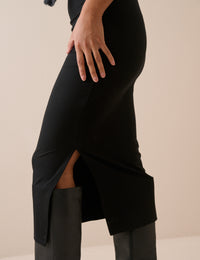 Black Jersey Fitted Midi Skirt