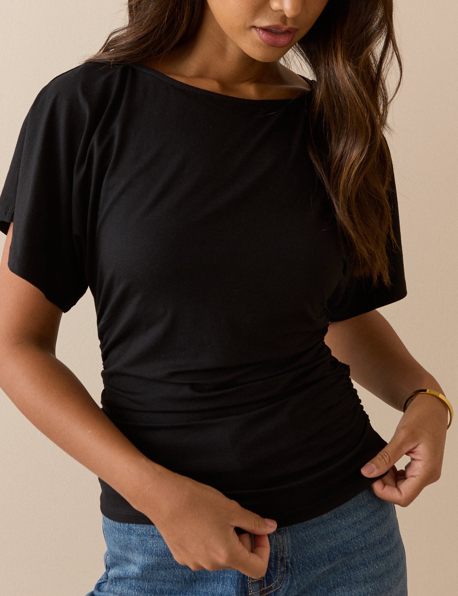 Black Jersey Ruched Top