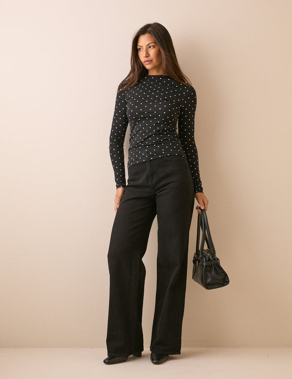 Black Polka Dot Ruched Top