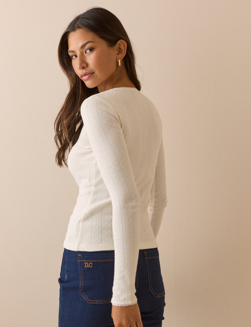 Cream Pointelle Long Sleeve Top