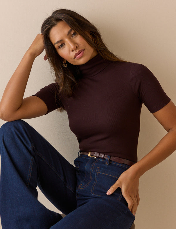 Plum Ribbed Roll-Neck Jersey Top