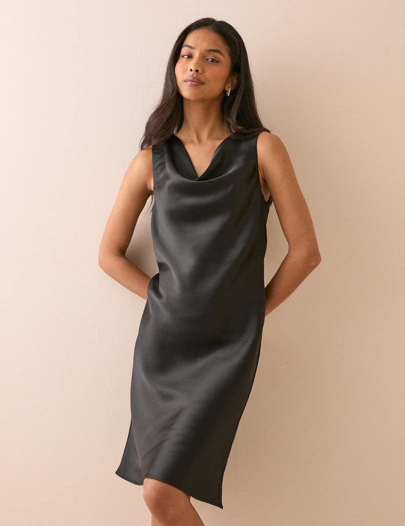 Black Cowl Neck Satin Eton Mini Dress