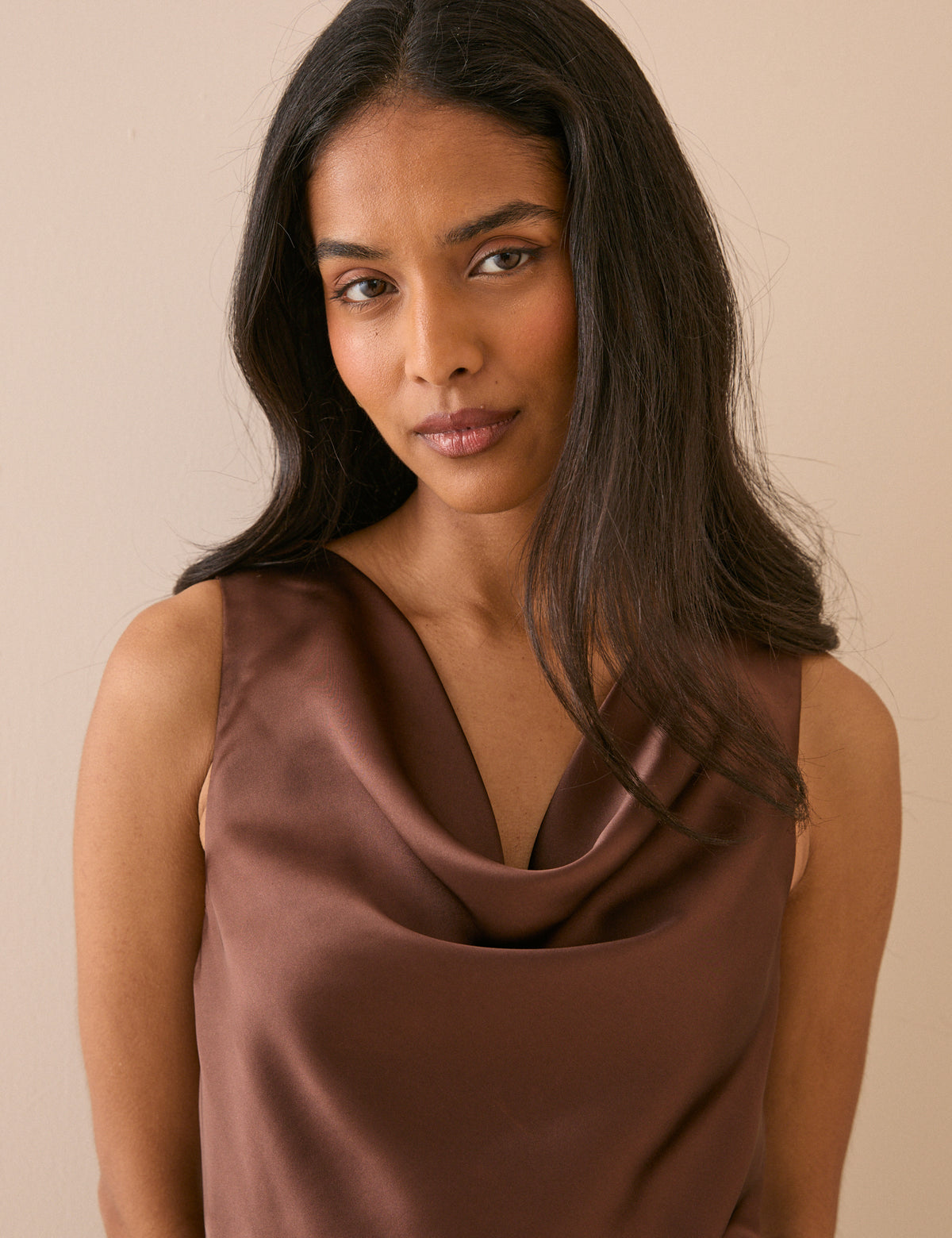 Chocolate Brown Cowl Neck Satin Eton Mini Dress