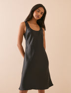 Black Scoop Neck Satin Knee Length Mini Dress