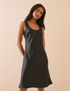 Black Scoop Neck Satin Knee Length Mini Dress