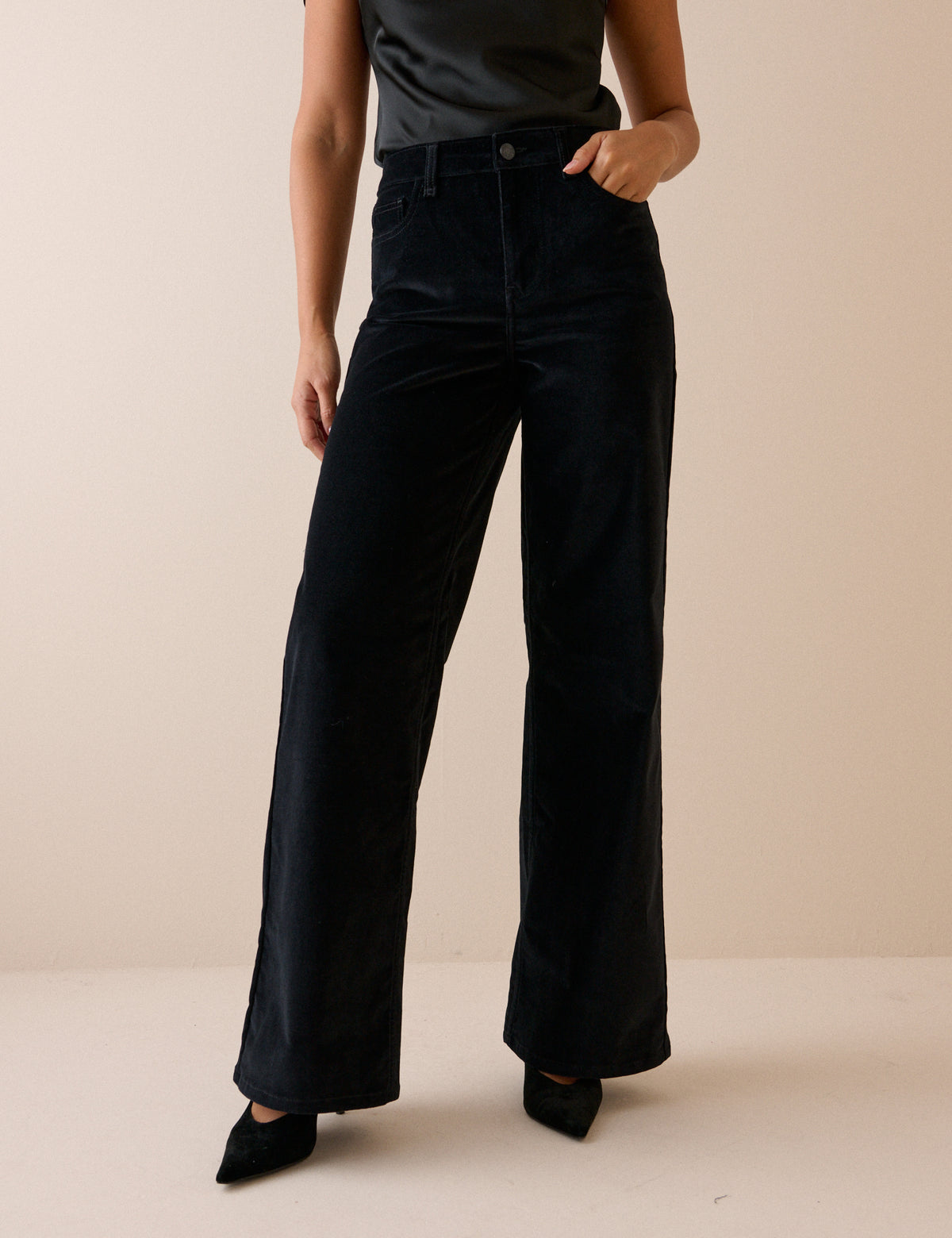 Black velvet wide leg jeans