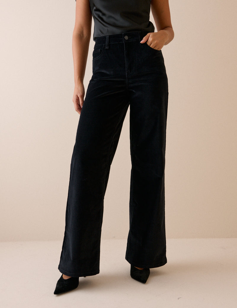 Black velvet wide leg jeans
