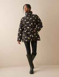 Black Polka Dot Cinched Waist Relaxed Padded Jacket