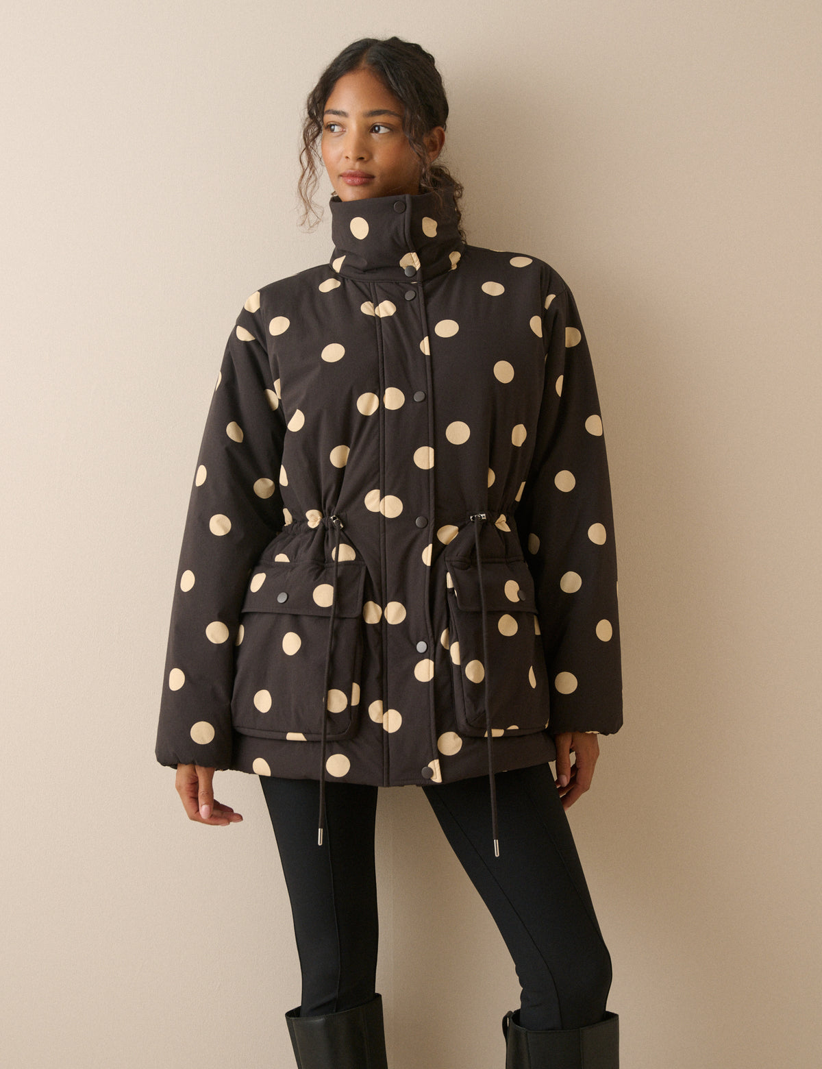 Black Polka Dot Cinched Waist Relaxed Padded Jacket