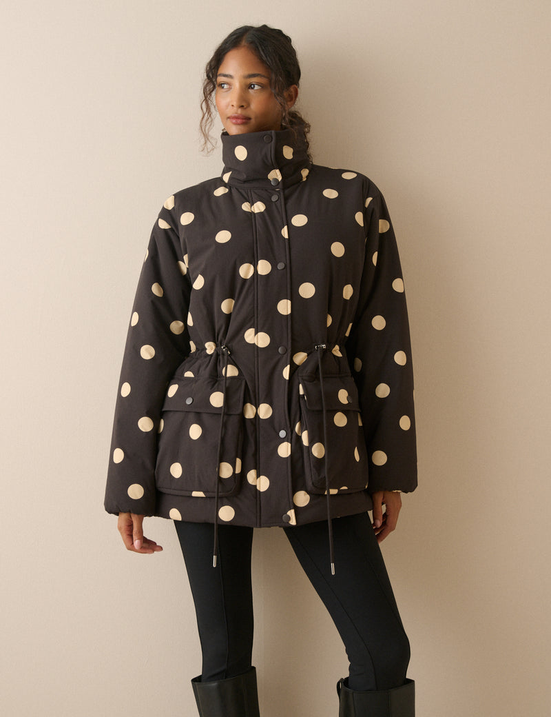 Black Polka Dot Cinched Waist Relaxed Padded Jacket