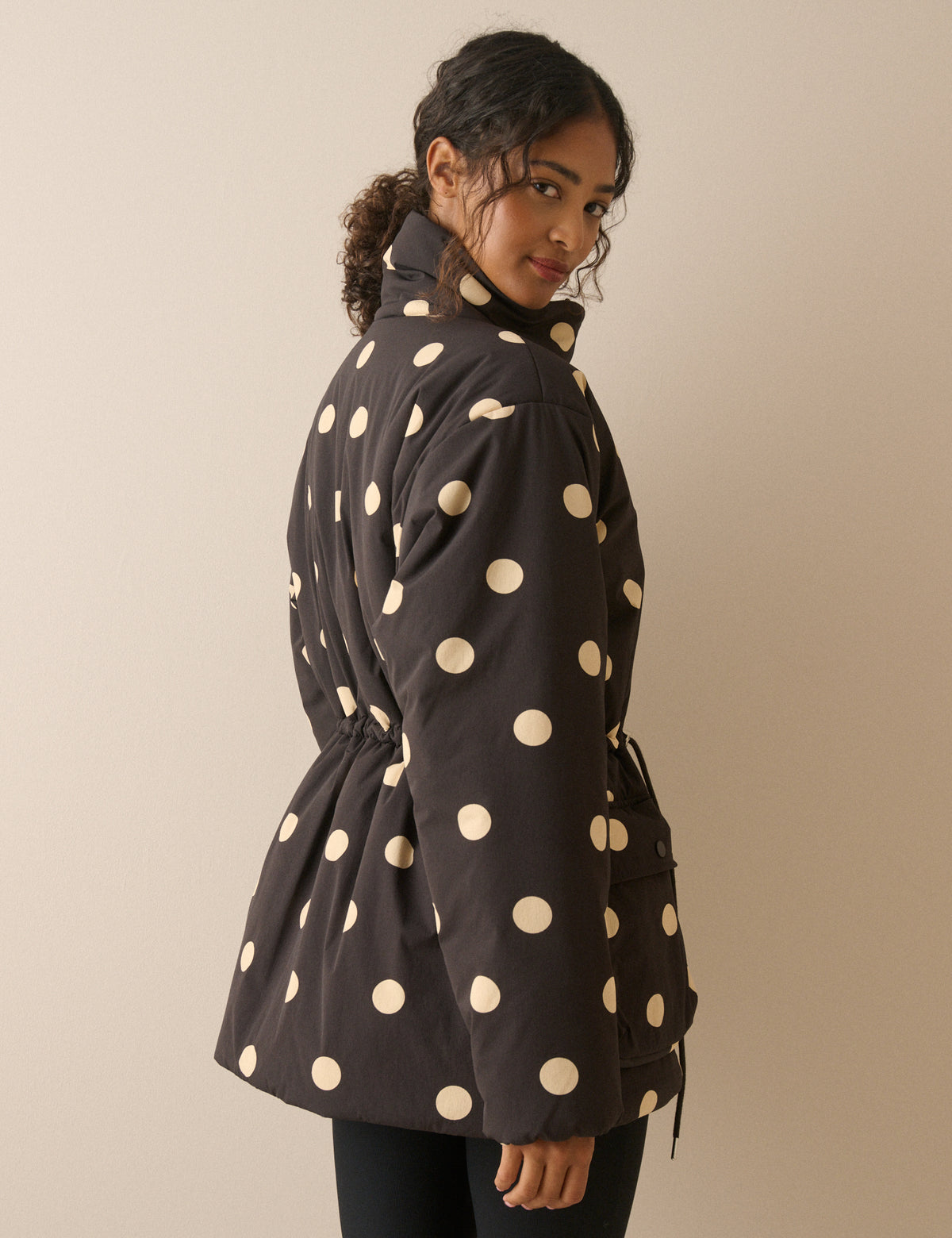 Black Polka Dot Cinched Waist Relaxed Padded Jacket