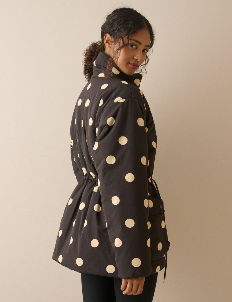 Black Polka Dot Cinched Waist Relaxed Padded Jacket