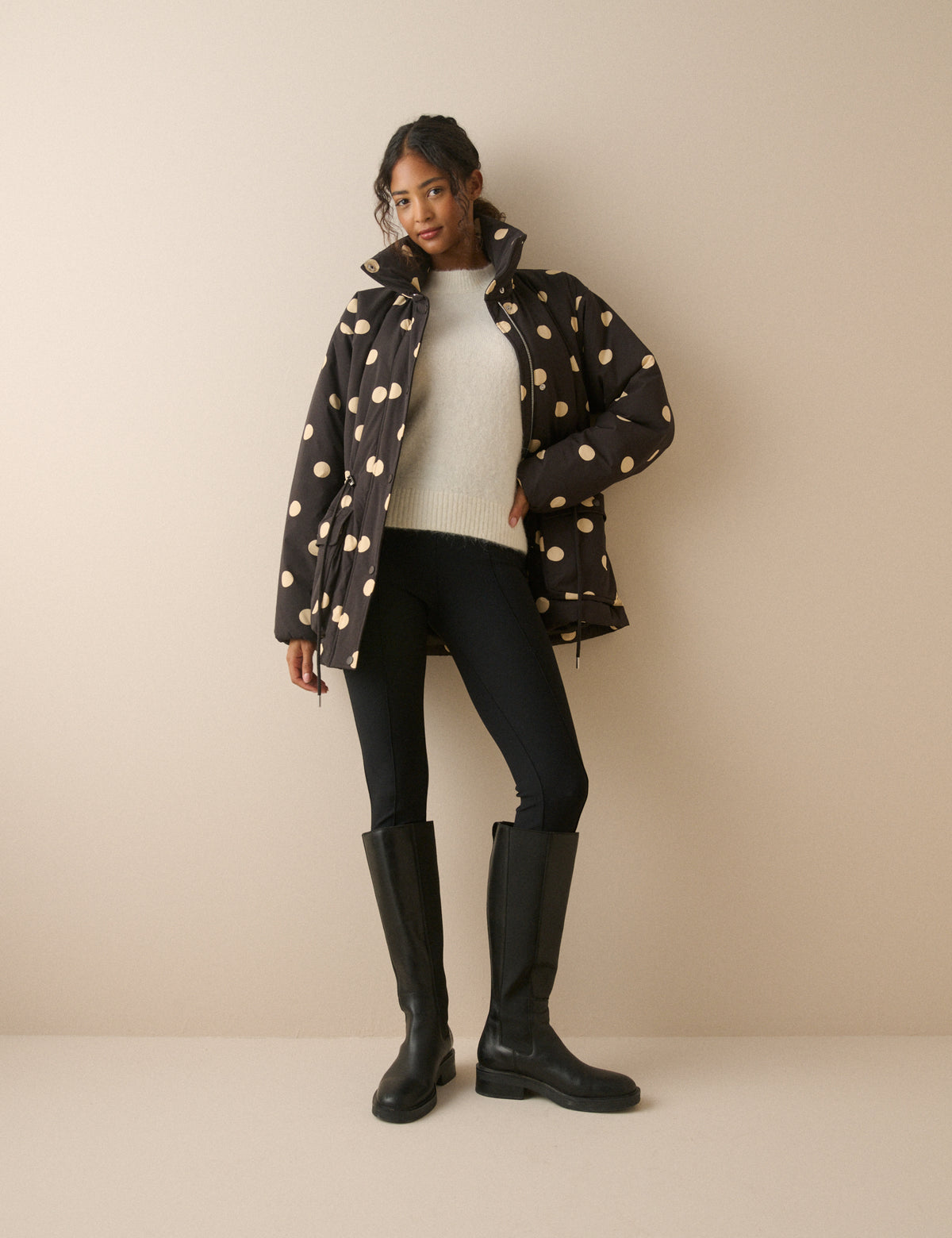 Black Polka Dot Cinched Waist Relaxed Padded Jacket
