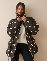 Black Polka Dot Cinched Waist Relaxed Padded Jacket