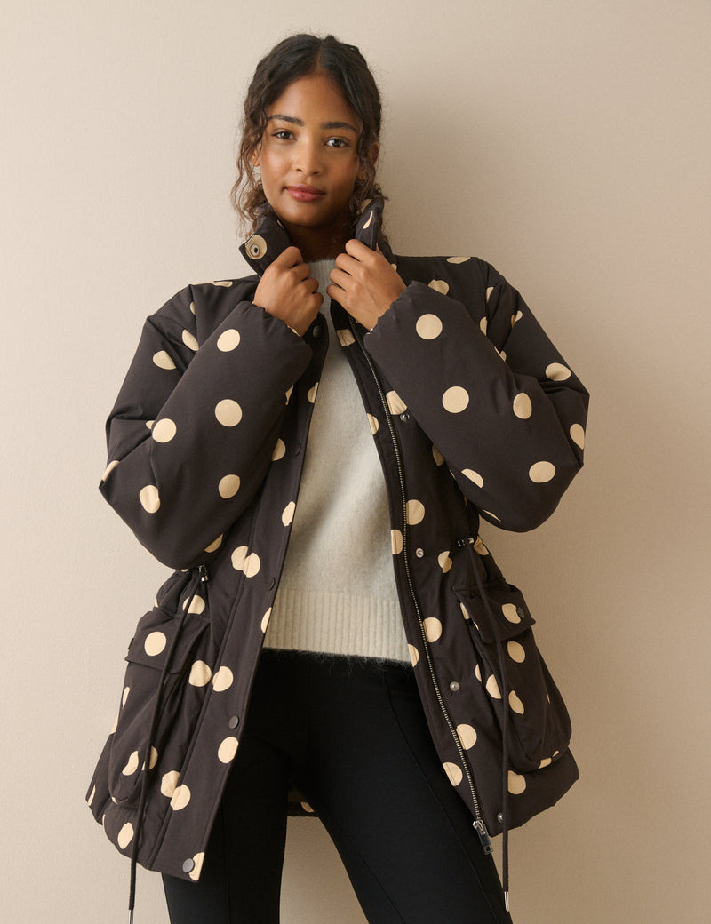 Black Polka Dot Cinched Waist Relaxed Padded Jacket