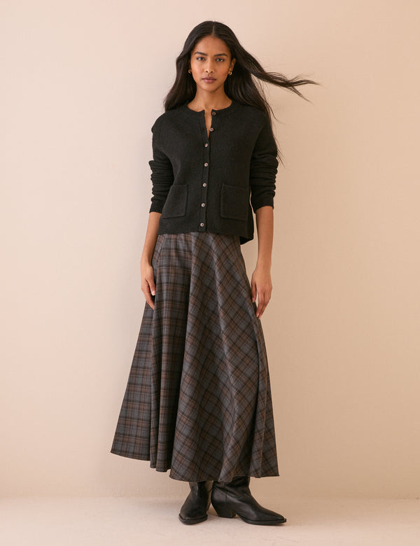 Grey and brown tartan high-waisted midi skirt