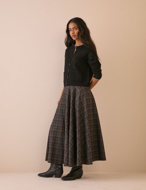 Grey and brown tartan midi skirt
