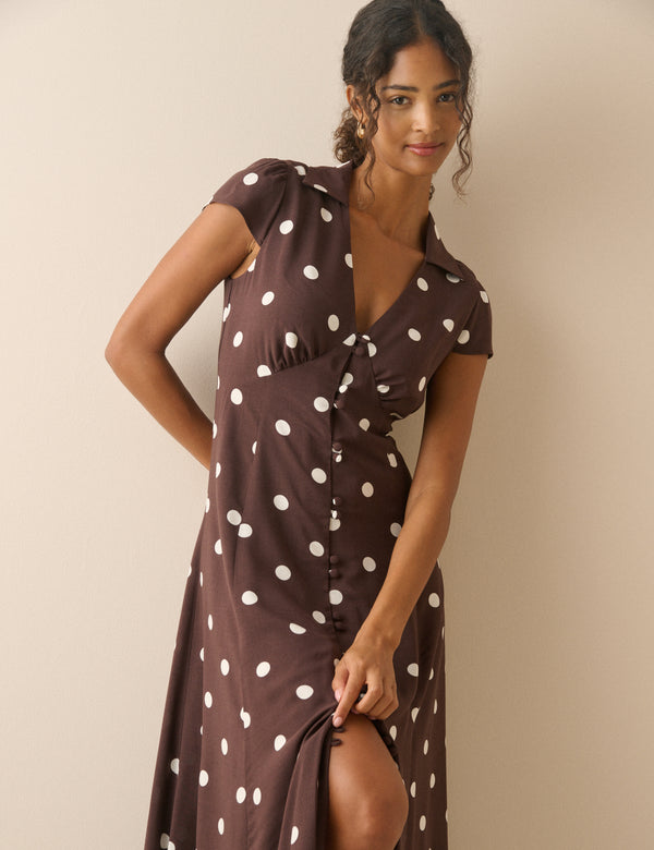 Brown Polka Dot Collared Avery Midi Dress