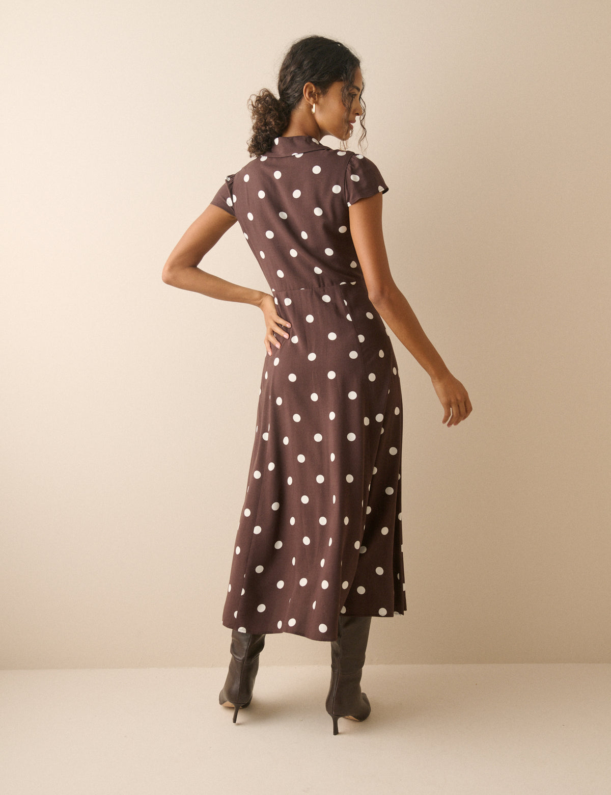 Brown Polka Dot Collared Avery Midi Dress