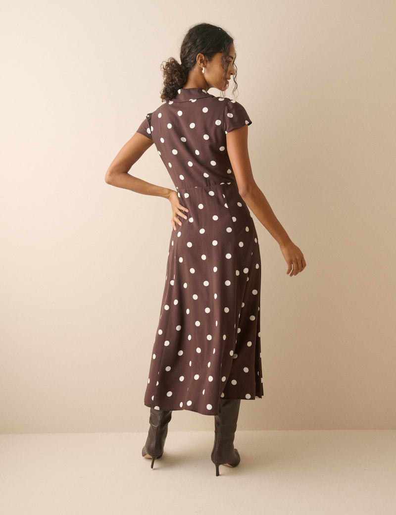 Brown Polka Dot Collared Avery Midi Dress