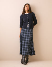 Navy Tartan Pleated Midi Skirt