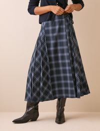 Navy Tartan Pleated Midi Skirt