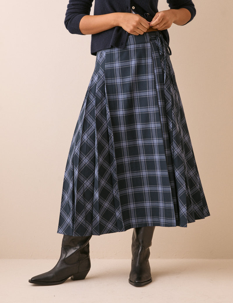Navy Tartan Pleated Midi Skirt