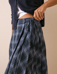 Navy Tartan Pleated Midi Skirt