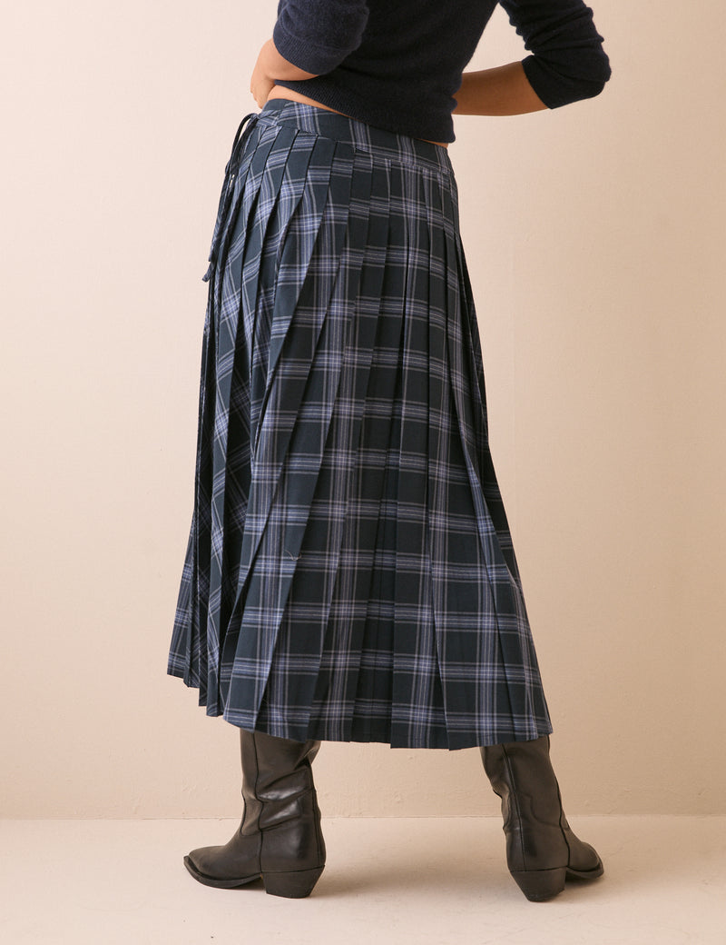 Navy Tartan Pleated Midi Skirt