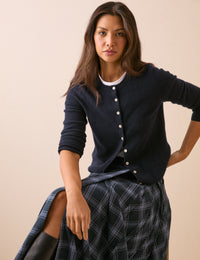 Navy Tartan Pleated Midi Skirt