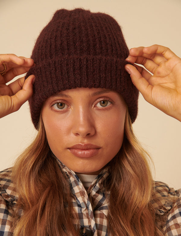 Brown Ribbed Beanie Hat