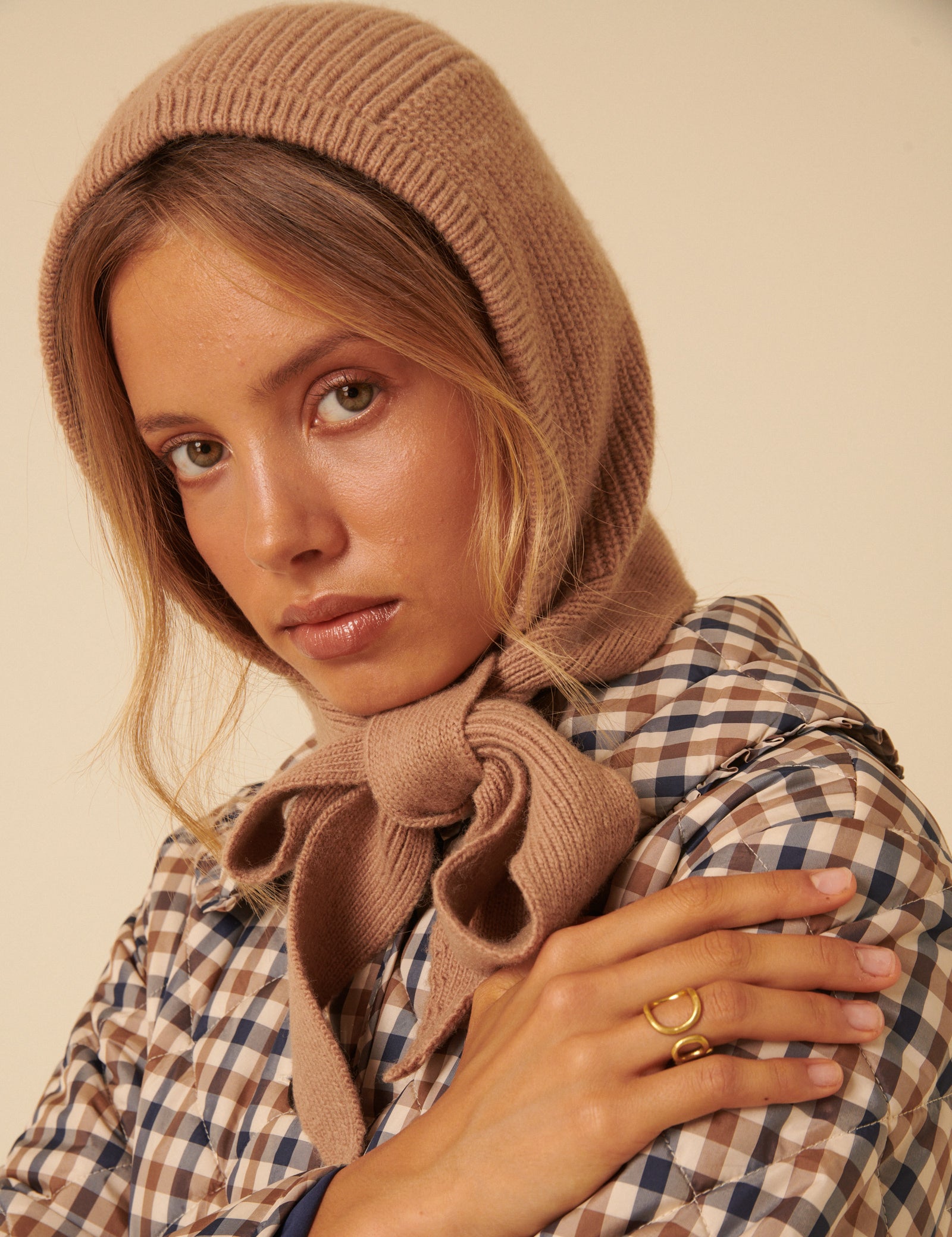 Camel Ribbed Knitted Hood