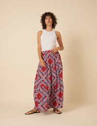 Red Linen-blend Printed Maxi Skirt