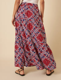 Red Linen-blend Printed Maxi Skirt