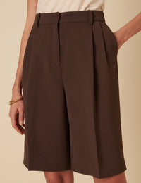 Chocolate Brown Double Pleated Bermuda Shorts