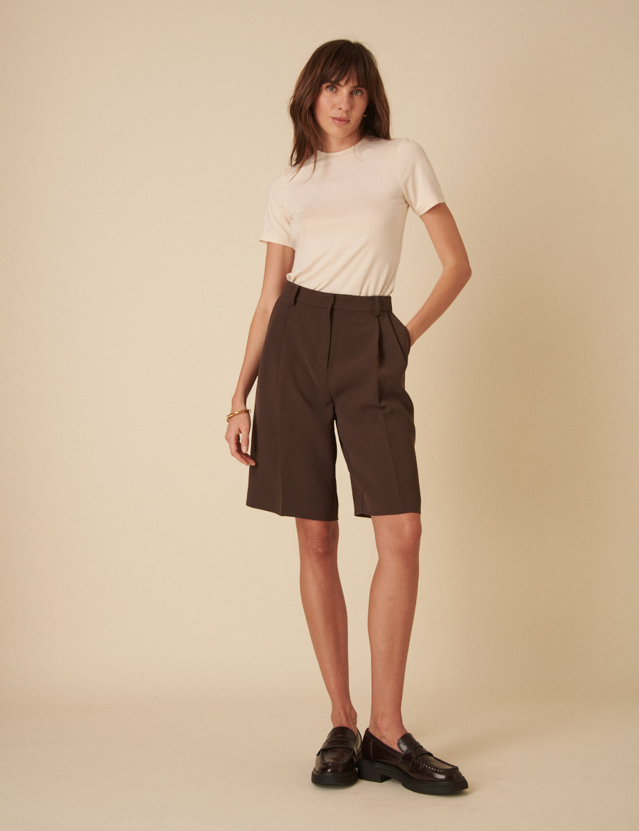 Chocolate Brown Double Pleated Bermuda Shorts Chocolate Brown Double Pleated Bermuda Shorts