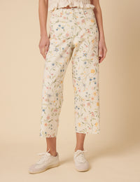White Floral High Rise Wide Leg Cropped Jeans