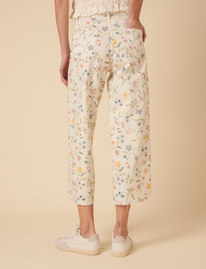 White Floral High Rise Wide Leg Cropped Jeans