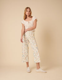 White Floral High Rise Wide Leg Cropped Jeans