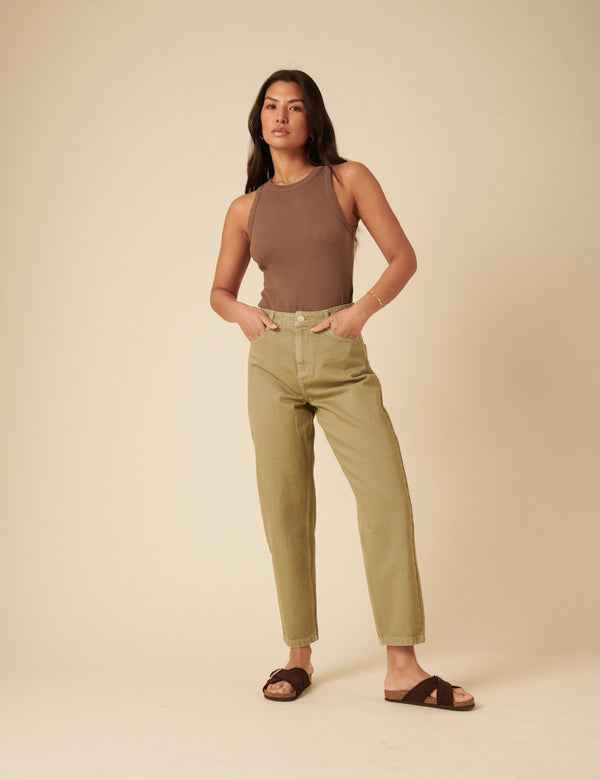 Green High Rise Barrel Leg Jeans