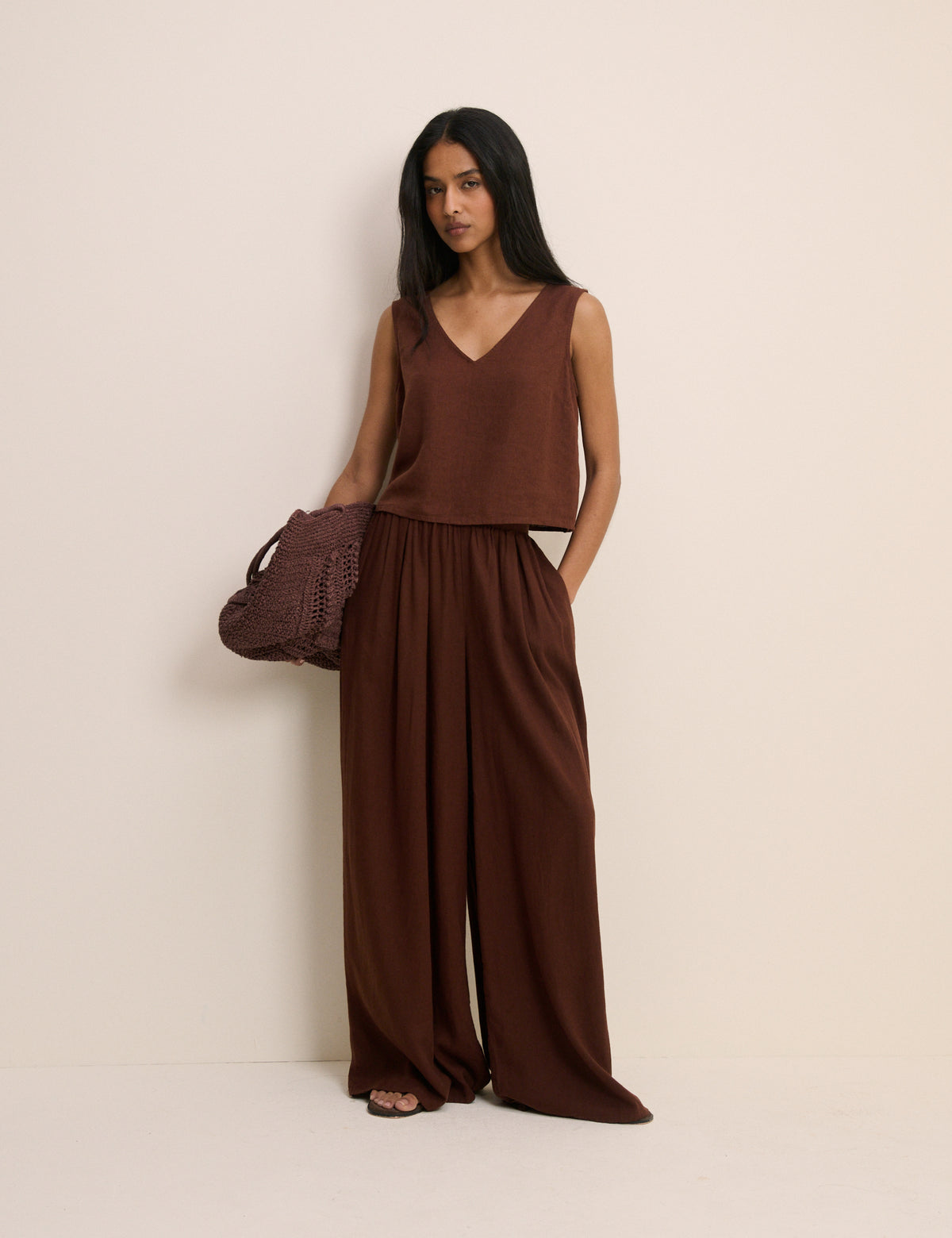 Brown Linen-Blend Halter Neck Top Brown Linen-Blend Halter Neck Top