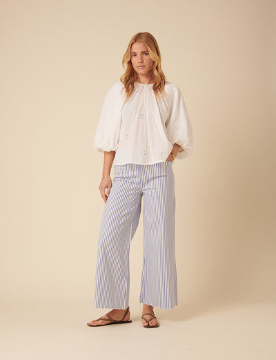 Blue Pinstripe High Rise Palazzo Jeans