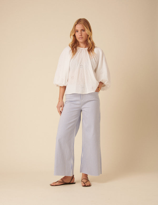 Blue Pinstripe High Rise Palazzo Jeans