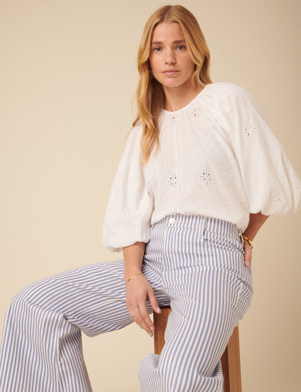 Blue Pinstripe High Rise Palazzo Jeans