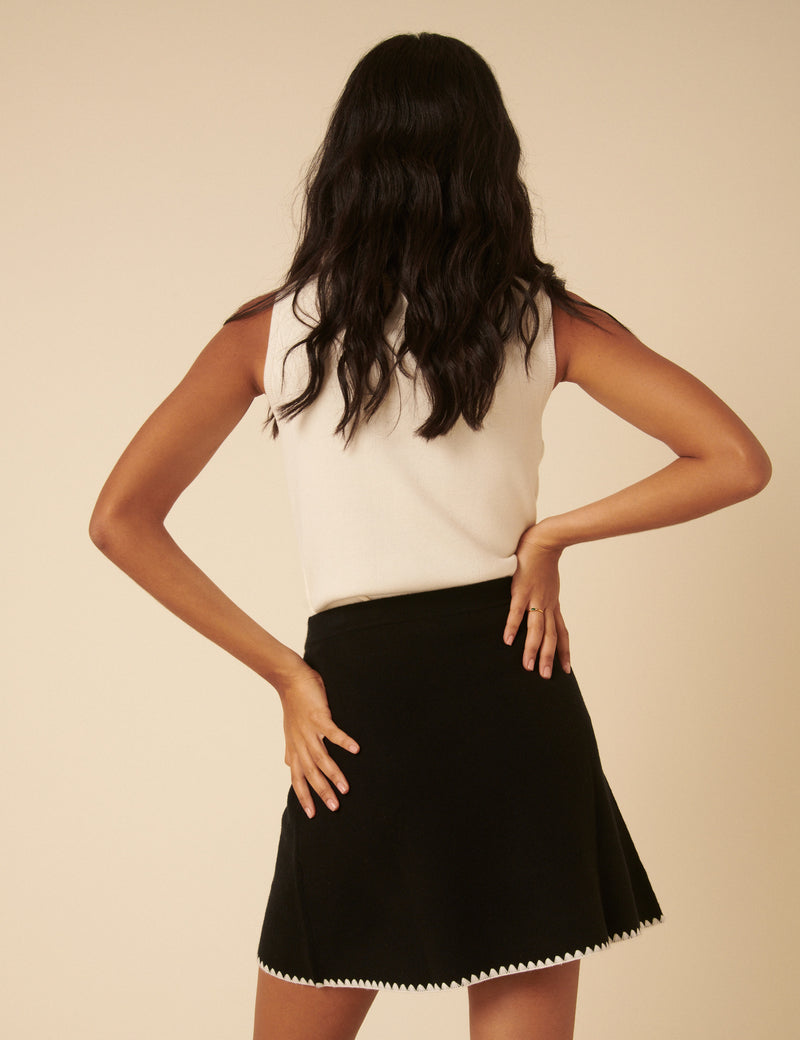 Black Whipstitch Knitted Mini Wrap Skirt