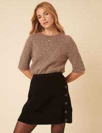 Black Knitted Button Down Mini Skirt