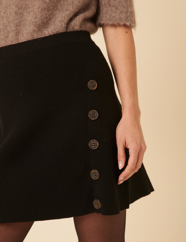 Black Knitted Button Down Mini Skirt