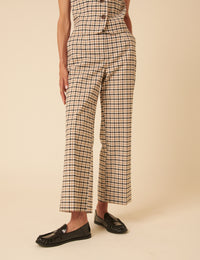 Beige Gingham Check Tailored Cropped Trousers