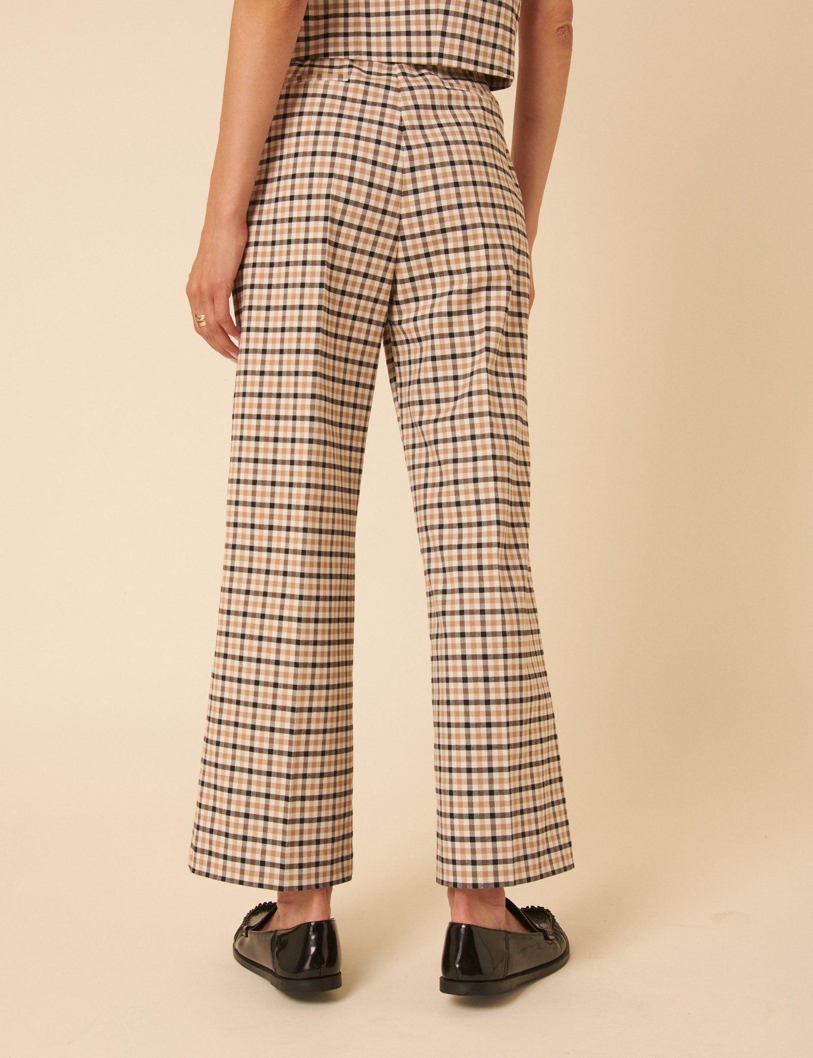 Beige Gingham Check Tailored Cropped Trousers
