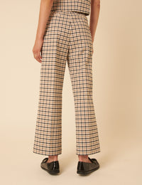 Beige Gingham Check Tailored Cropped Trousers